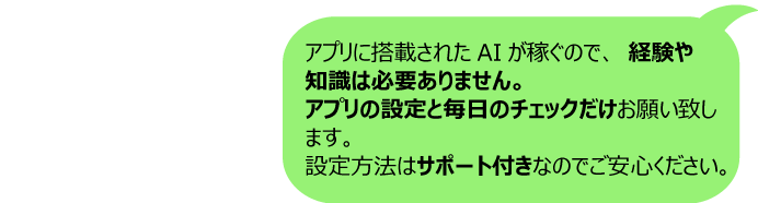 アプリに搭載されたAIが稼ぐので経験や知識は必要ありません。アプリの設定と毎日のチェックだけお願い致します。設定方法などはサポート付きなのでご安心ください。